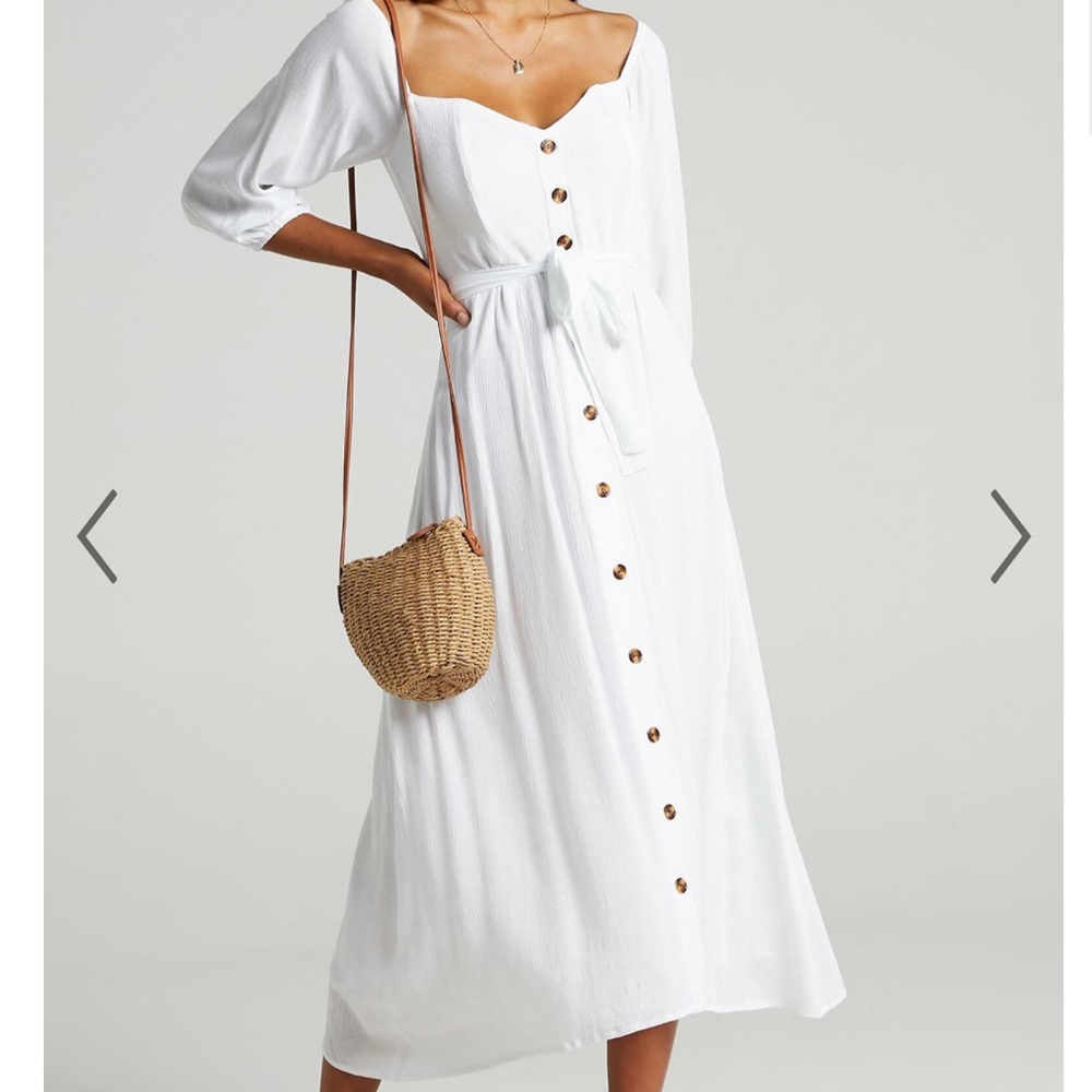 SHOWPO SORRENTO DREAMING MIDI DRESS - OFF SHOULDER SLEEVE BUTTON THROUGH DRESS